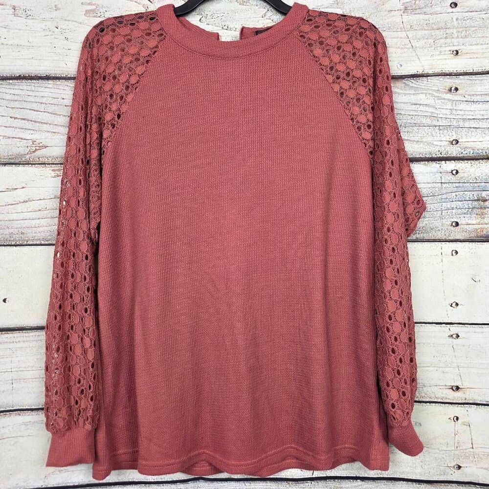 MIHOLL Waffle Knit Lace Sleeve Long Sleeve Top XXL